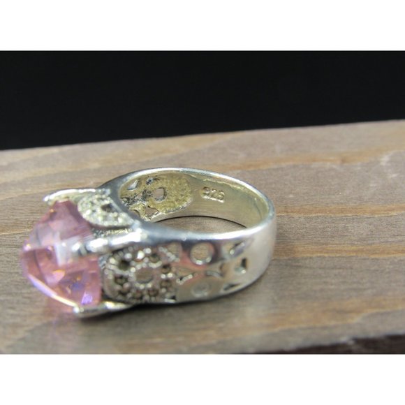 Size 5.5 Sterling Silver Pink Cubic Zirconia And Marcasite Stone Band Ring - Picture 6 of 9